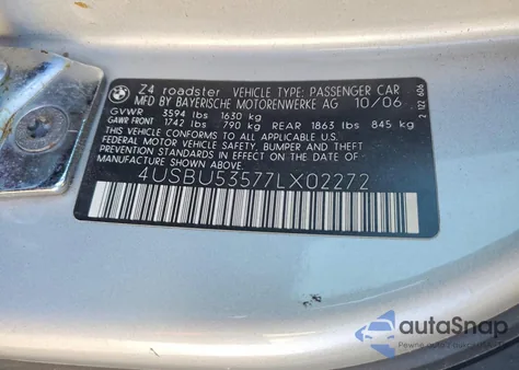 2007 BMW Z4 3.0Si from USA, damaged, VIN 4USBU53577LX02272